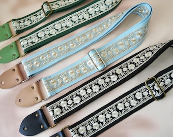 Embroidered Guitar Strap, Customized Guitar Strap, Genuine Leather Tips with Name, Guitar Strap for Acoustic/Electric Guitar, Gift For Her