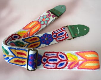 Fashionable Woven Guitar Strap, Personalized Guitar Strap, Guitarists Gift, Green leather Ends, Durable Strap, Guitar Strap for Musicians