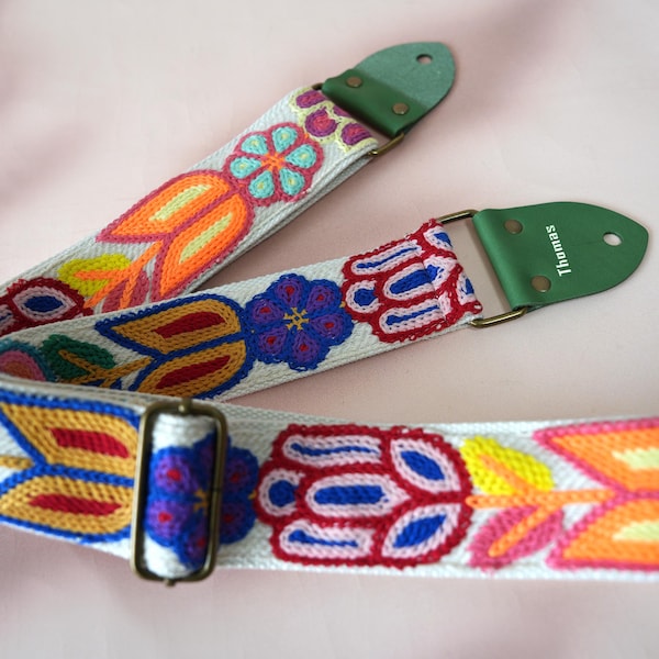 Fashionable Woven Guitar Strap, Personalized Guitar Strap, Guitarists Gift, Green leather Ends, Durable Strap, Guitar Strap for Musicians