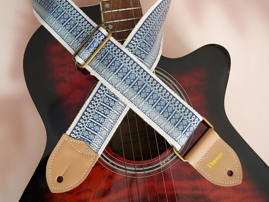 Blue And White Geometric Patterned Guitar Strap Custom Guitar Strap blue-and-white-geometric-patterned-guitar-strap-custom-guitar-strap