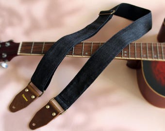 Pasek do gitary w stylu vintage z denimu, niestandardowy pasek do gitary, pasek dla entuzjastów gitary, wytrzymały, ręcznie robiony pasek do codziennej gry