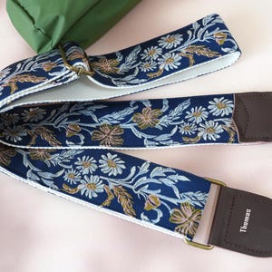 Handcrafted Embroidered Guitar Strap, Floral Guitar Strap for Musicians, Genuine Leather Tips with Name, Strap for Acoustic/Electric Guitar
