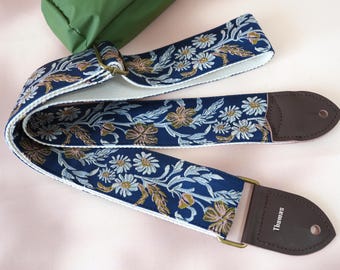 Handcrafted Embroidered Guitar Strap, Floral Guitar Strap for Musicians, Genuine Leather Tips with Name, Strap for Acoustic/Electric Guitar
