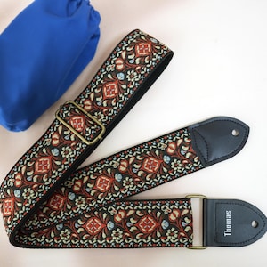 Bohemian Style Guitar Strap, Handcrafted Embroidered Floral Guitar Strap, Genuine Leather Tips with Name, Gift for Guitarist, Guitar Gear