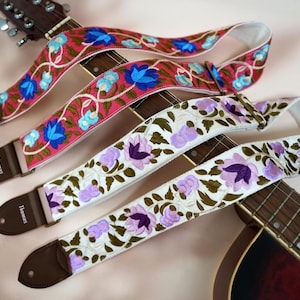 Floral Embroidered Guitar Strap, Customized Guitar Strap, Genuine Leather Tips with Name, Guitar Strap for Acoustic/Electric Guitar