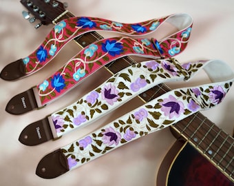 Floral Embroidered Guitar Strap, Customized Guitar Strap, Genuine Leather Tips with Name, Guitar Strap for Acoustic/Electric Guitar