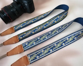 Floral Embroidered Blue Camera Strap, Handcrafted DSLR Strap, Polaroid Camera Strap, Anti-Slip Camera Strap, Photographer Gift, Gift for Her