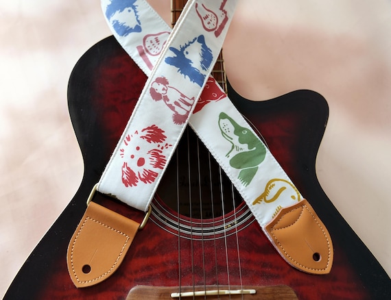 Multicolor Dogs Of Various Breeds Guitar Strap, Custom Genuine Leather Tips with Name, Velvet Guitar Strap, Comfortable Wear, Guitarist Gift
