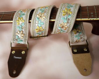 Personalized Floral Embroidery Guitar Strap, Custom Strap for Electric, Acoustic or Bass Guitars, Instrument strap, Guitarist Gift