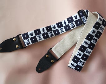 Rock and Roll Guitar Strap, Black and White Checkered Guitar Strap, Personalized Guitar Strap with Name, Musician Gift, Guitar Accessory