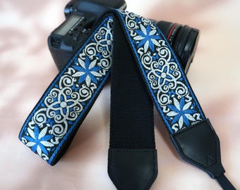 Handcrafted Ethnic Blue Embroidered Camera Strap, Universal Camera Neck Strap, Adjustable Camera Shouler Strap, Gift for Photographer