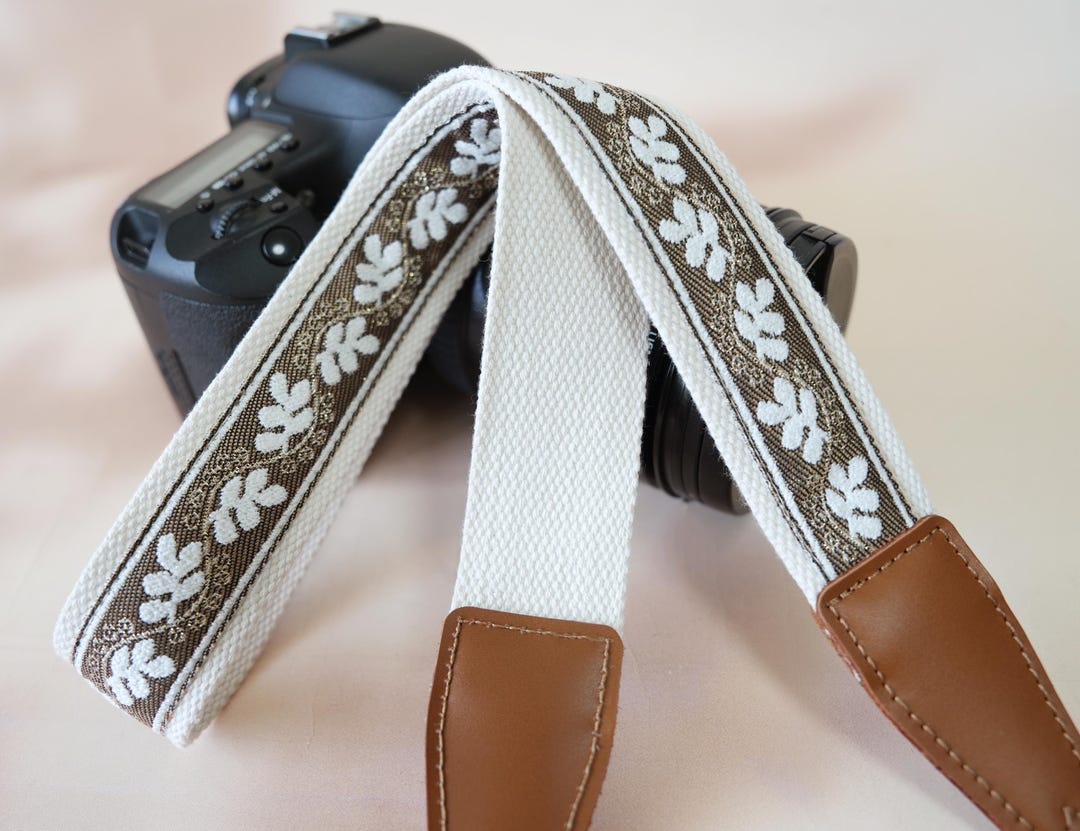 Thread Camera Strap White Leaf Pattern Camera Strap With Gold Thread Accents, Adjustable ...