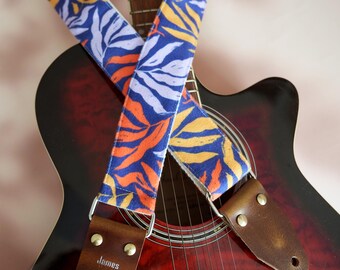 Multicolor Leaf - Patterned Guitar Strap, Custom Genuine Leather Tips with Name, Velvet Guitar Strap, Guitar Strap Gift, Guitarist Gift