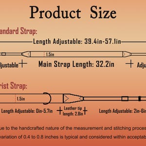 May include: Diagram showing product size details. The standard strap is length adjustable from 39.4 to 57.1 inches, with a main strap length of 32.2 inches. The wrist strap is length adjustable from 2 to 6 inches. The text indicates a slight variation in measurements is possible.