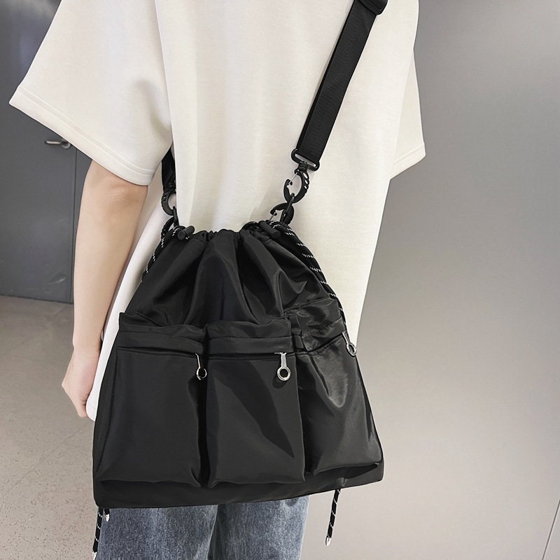 Black Drawstring Bucket Bag Cross Body Bag Sling Bag School Etsy