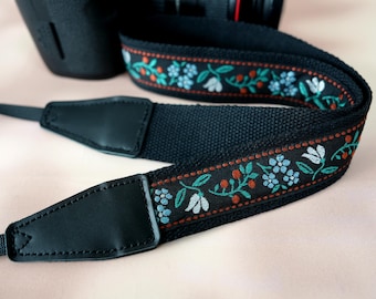 Floral Embroidered Camera Strap, Handcrafted Black Base Webbing Strap, Polaroid Camera Strap, Anti-Slip DSLR Camera Strap, Photographer Gift