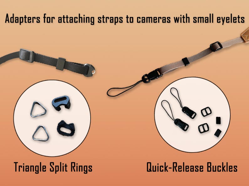 May include: Image of camera strap adapters, including triangle split rings and quick-release buckles. The text reads "Adapters for attaching straps to cameras with small eyelets". The adapters are black and silver, designed for attaching straps to cameras.