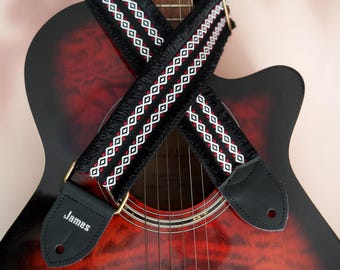 Ethnic Style Black Base Color Guitar Strap, Red White Geometric Design Guitar Strap, Personalized Gift for Guitarist, Guitar Accessories