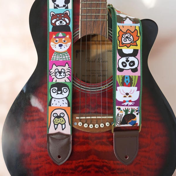 Cartoon Animal Pattern Guitar Strap, Custom Genuine Leather Tips with Name, Cotton-Linen Strap for Acoustic/Electric Guitar