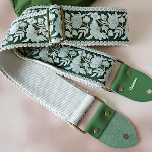 Embroidered Guitar Strap with Floral Pattern, Green Genuine Leather Tips with Name, Adjustable Strap for Acoustic/Electric Guitar