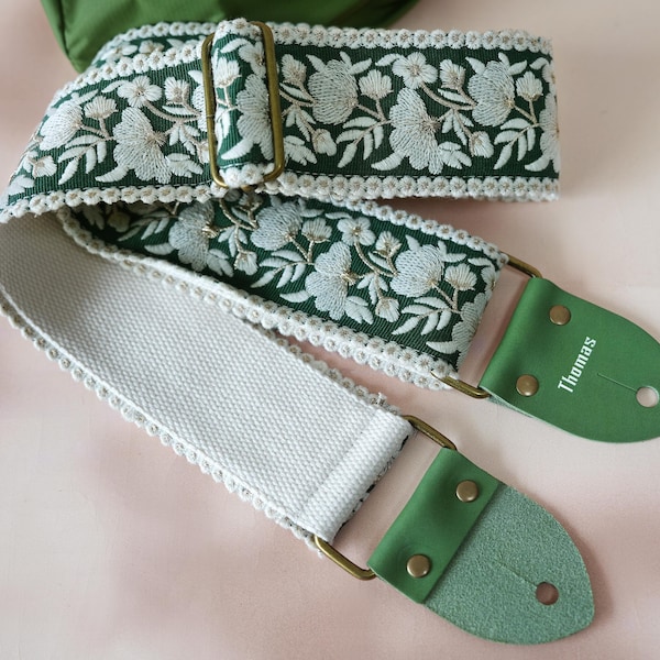 Embroidered Guitar Strap with Floral Pattern, Green Genuine Leather Tips with Name, Adjustable Strap for Acoustic/Electric Guitar