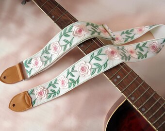 Pink Floral Guitar Strap, Embroidery Guitar Strap, Personalized Gift for Guitarist, Bass Shoulder Strap, Electric Guitar Strap