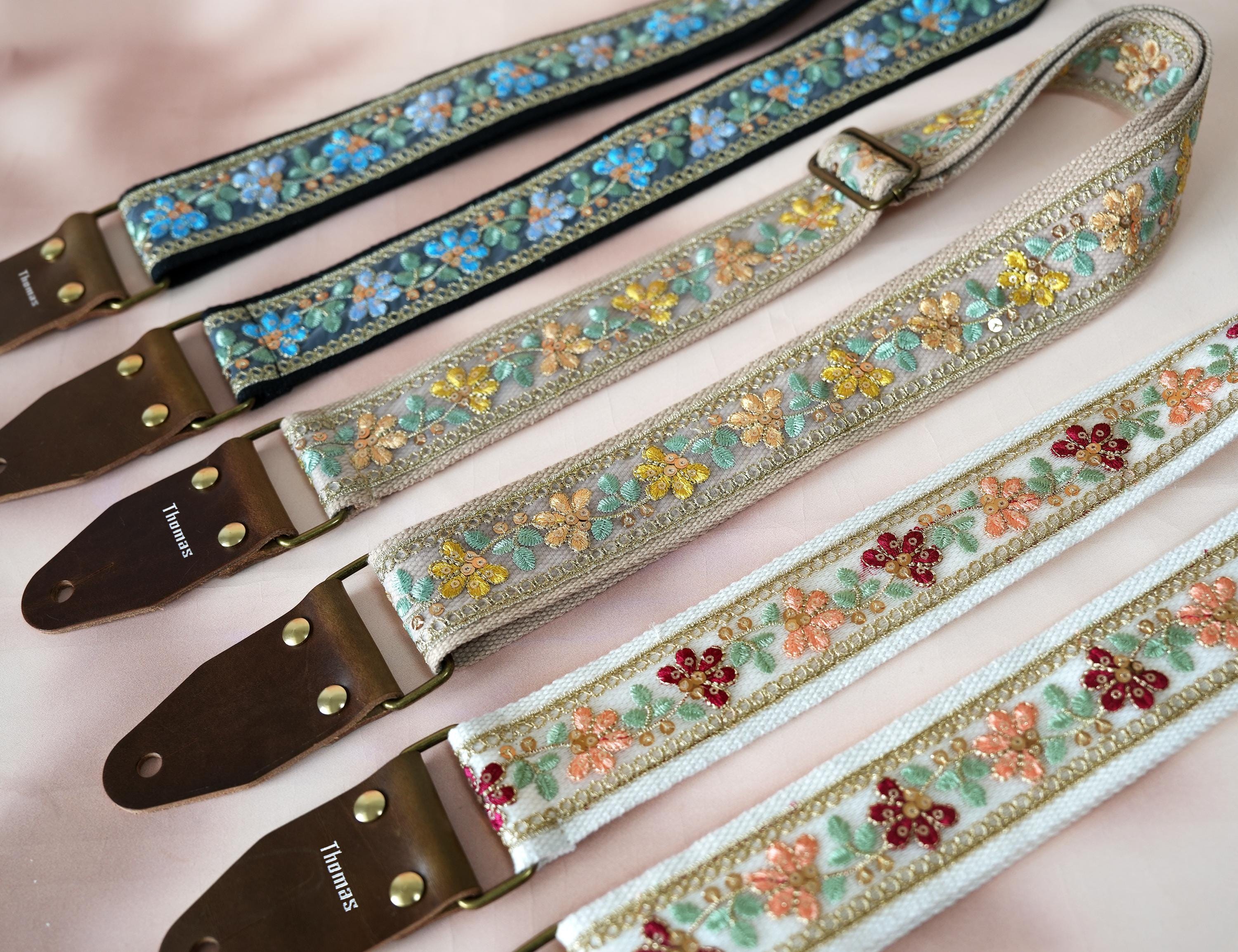 Personalized Floral Embroidery Guitar Strap, Custom Strap for Electric, Acoustic or Bass Guitars, Instrument strap, Guitarist Gift