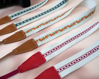 Embroidery Camera Strap, Handcrafted White Base Webbing Strap, Polaroid Camera Neck Strap, Anti-Slip DSLR Camera Strap, Photographer Gift