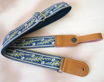 Blue Background With Green Leaves Ukulele Strap, Lightweight Ukulele Strap, Durable Instrument Strap, Ukulele Player Gift, Birthday Gift