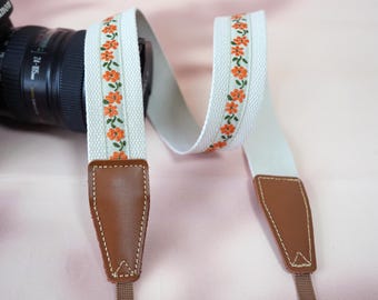 Embroidery Camera Strap, Handcrafted White Base Webbing Strap, Polaroid Camera Neck Strap, Anti-Slip DSLR Camera Strap, Photographer Gift