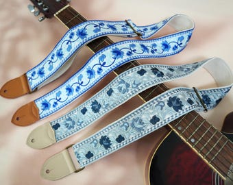 Blue Floral Embroidered Guitar Strap, Genuine Leather Tips with Name, Adjustable Strap for Acoustic/Electric Guitar, Handmade Guitar Strap