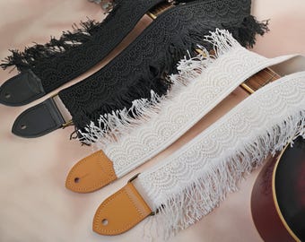 Woven Tassel Trim Guitar Strap, Genuine Leather Tips with Name, Guitar Strap for Performance, Instrument Accessories, Guitarist Gift