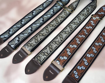 Personalized Floral Embroidery Guitar Strap, Custom Strap for Electric, Acoustic or Bass Guitars, Instrument strap, Guitarist Gift