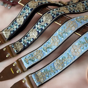 Guitar Strap with Floral Embroidery, Genuine Leather Tips with Name, Bass Shoulder Strap, Unique Handcrafted Accessory, Guitarist Gift
