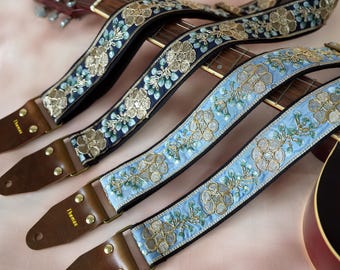 Guitar Strap with Floral Embroidery, Genuine Leather Tips with Name, Bass Shoulder Strap, Unique Handcrafted Accessory, Guitarist Gift