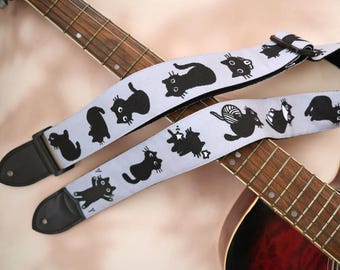 Black Cat Illustrations Guitar Strap, Custom Name Guitar Strap, Light Weight Velvet Guitar Strap, Strap For electric, acoustic, bass guitars