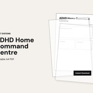 Könnte beinhalten: Ein Stapel weißer, druckbarer A4-PDF-Blätter mit dem Text "ADHD Home Command Centre". Das Bild enthält auch den Text "RESET SYSTEMS" und "Printable A4 PDF". Ein schwarzes Rechteck mit den Worten "Instant Download" befindet sich unten.