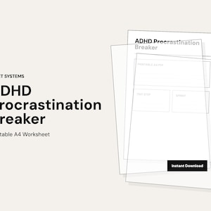 Könnte beinhalten: Ein druckbares A4-Arbeitsblatt mit dem Titel "ADHS Procrastination Breaker" mit dem Text "RESET SYSTEMS". Das Design umfasst einen Stapel transparenter Blätter mit wiederholtem Titel und eine Schaltfläche mit der Aufschrift "Sofort-Download".