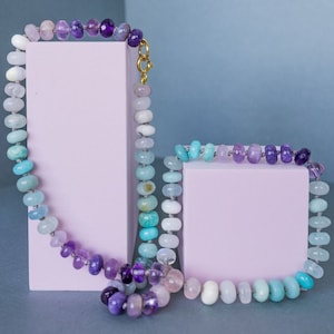 Handmade Gemstone Beaded Necklace: Aquamarine, Amethyst, Opal Boho Jewelry