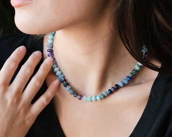 Deep Ocean Necklace | Semi Precious | Aquamarine & Amethyst Rondelle Beads | Mix Gemstones | Silk Knotted | Colorful Jewelry Gift for Women