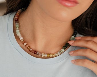 Riverbank Gemstone Necklace | Genuine Beaded Jewelry | Quartz and Moonstone Quality Gemstones | Elegant Gift for Women | Gift Idea