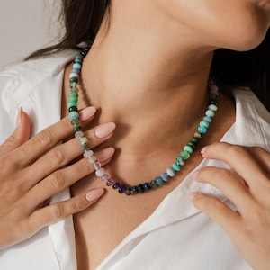 Handmade Gemstone Beaded Necklace: Amethyst, Lapis, Chrysoprase, Boho Style