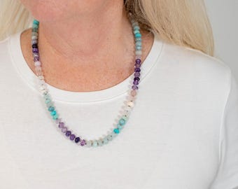 Akvamarin, ametist, opalpärlhalsband, handgjorda ädelstenssmycken i boho-stil, present till kvinnor - Violet Sea