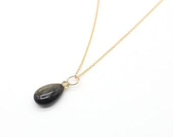 Colgante con colgante de piedras preciosas en oro, obsidiana y circonita en cadena chapada en oro, collar minimalista