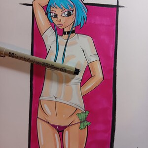 May include: A cartoon illustration of a woman with blue hair wearing a white tank top and a purple bikini bottom. She is holding a wad of cash in her hand. The background is pink.