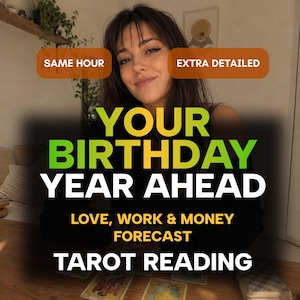 May include: A tarot reading service advertisement featuring the text SAME HOUR and EXTRA DETAILED in orange boxes. The main text reads YOUR BIRTHDAY YEAR AHEAD, LOVE, WORK & MONEY FORECAST, and TAROT READING in white, yellow, and green lettering.