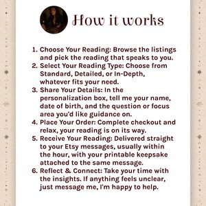 Puede incluir: Un gr&aacute;fico informativo titulado How it works con un retrato circular en la parte superior. Enumera seis pasos para solicitar una lectura: Choose Your Reading, Select Your Reading Type, Share Your Details, Place Your Order, Receive Your Reading y Reflect & Connect.