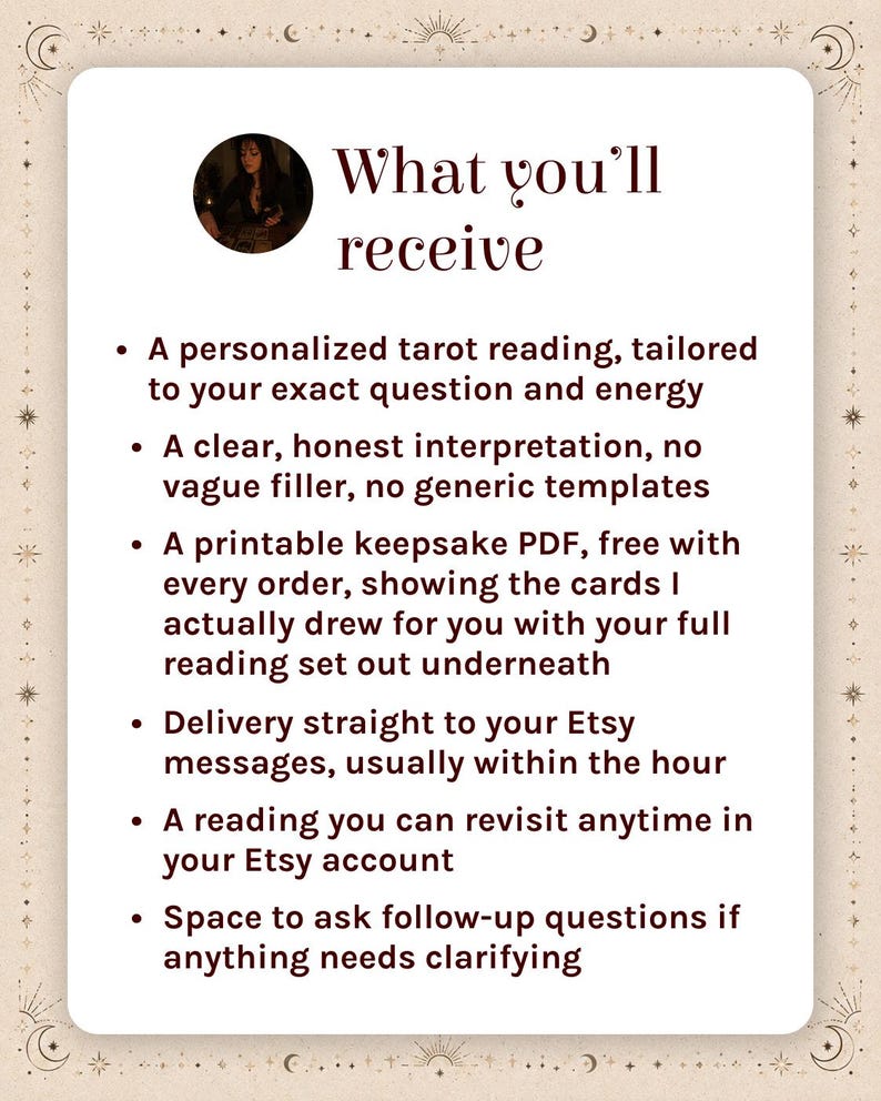 Pu&ograve; includere: Una scheda informativa bianca con un ritratto circolare in alto e il testo What you'll receive. Elenca sei punti che descrivono un servizio di lettura dei tarocchi personalizzato, incluso un PDF stampabile, consegna tramite Etsy e domande di follow-up.