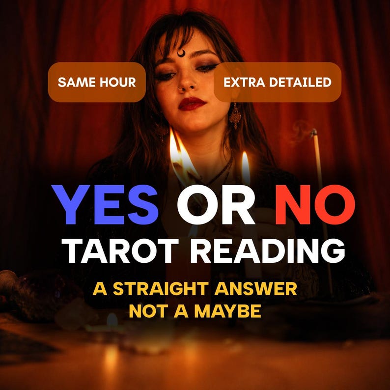May include: A digital graphic for a tarot reading service featuring text that reads SAME HOUR, EXTRA DETAILED, YES OR NO TAROT READING, and A STRAIGHT ANSWER NOT A MAYBE. The image shows a person with a crescent moon symbol on their forehead.