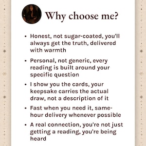 Pu&ograve; includere: Una scheda informativa rettangolare con sfondo color crema e testo marrone scuro. L'intestazione recita Why choose me? seguita da cinque punti elenco che descrivono i servizi: verit&agrave; onesta, letture personali, immagini delle carte, consegna rapida e connessione.